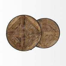 Set Of 2 Brown Wooden Round Top Accent Tables With Black Metal Frame Nesting