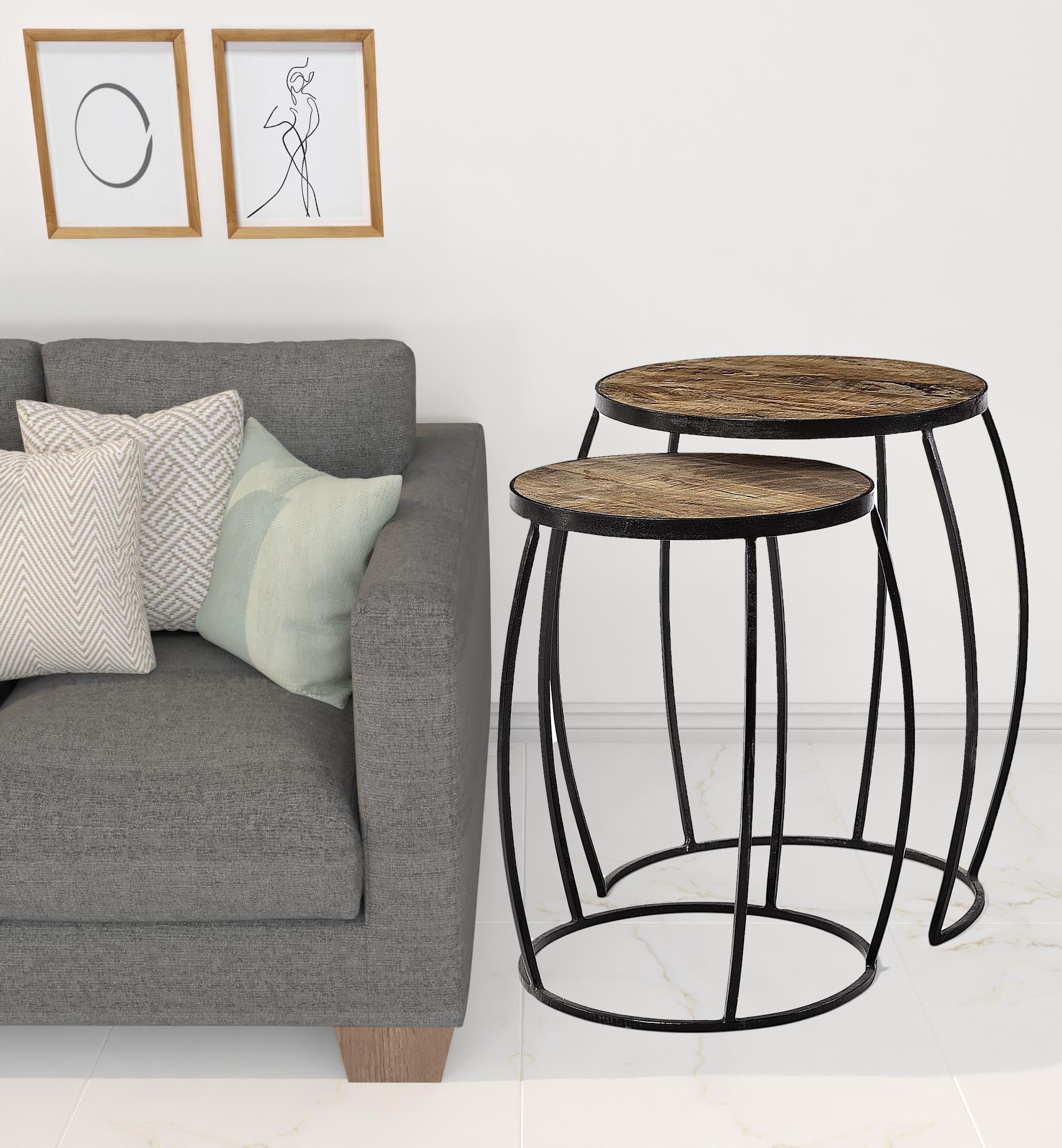 Set Of 2 Medium Brown Wooden Round Top Accent Tables With Black Metal Frame Nesting Tables