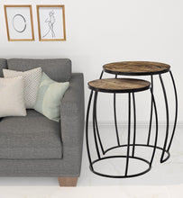 Set Of 2 Medium Brown Wooden Round Top Accent Tables With Black Metal Frame Nesting Tables