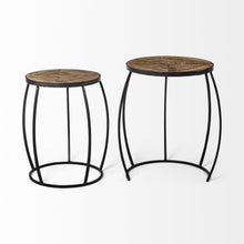 Set Of 2 Medium Brown Wooden Round Top Accent Tables With Black Metal Frame Nesting Tables