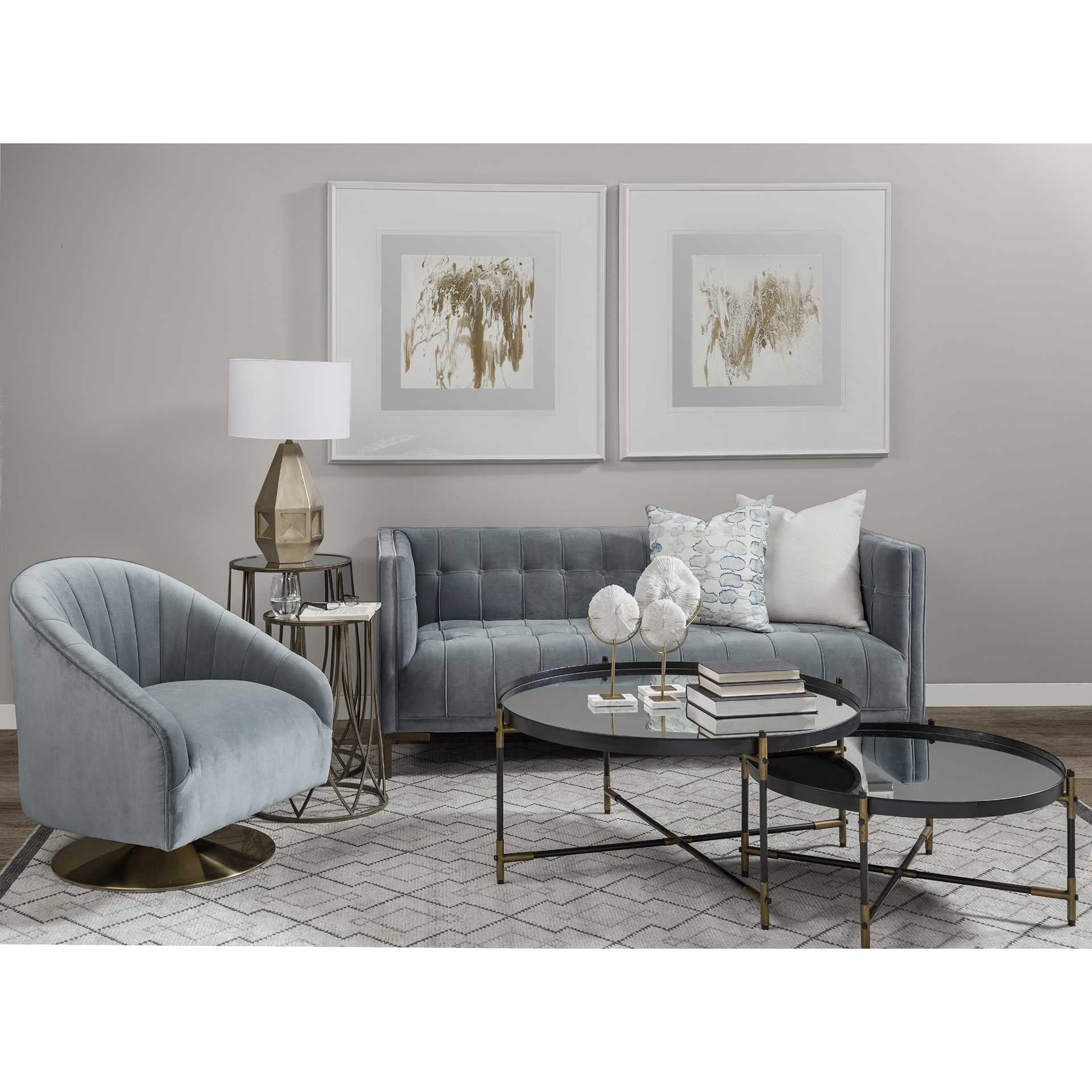 Mesa decorativa redonda con parte superior de espejo y base de metal negro y latón