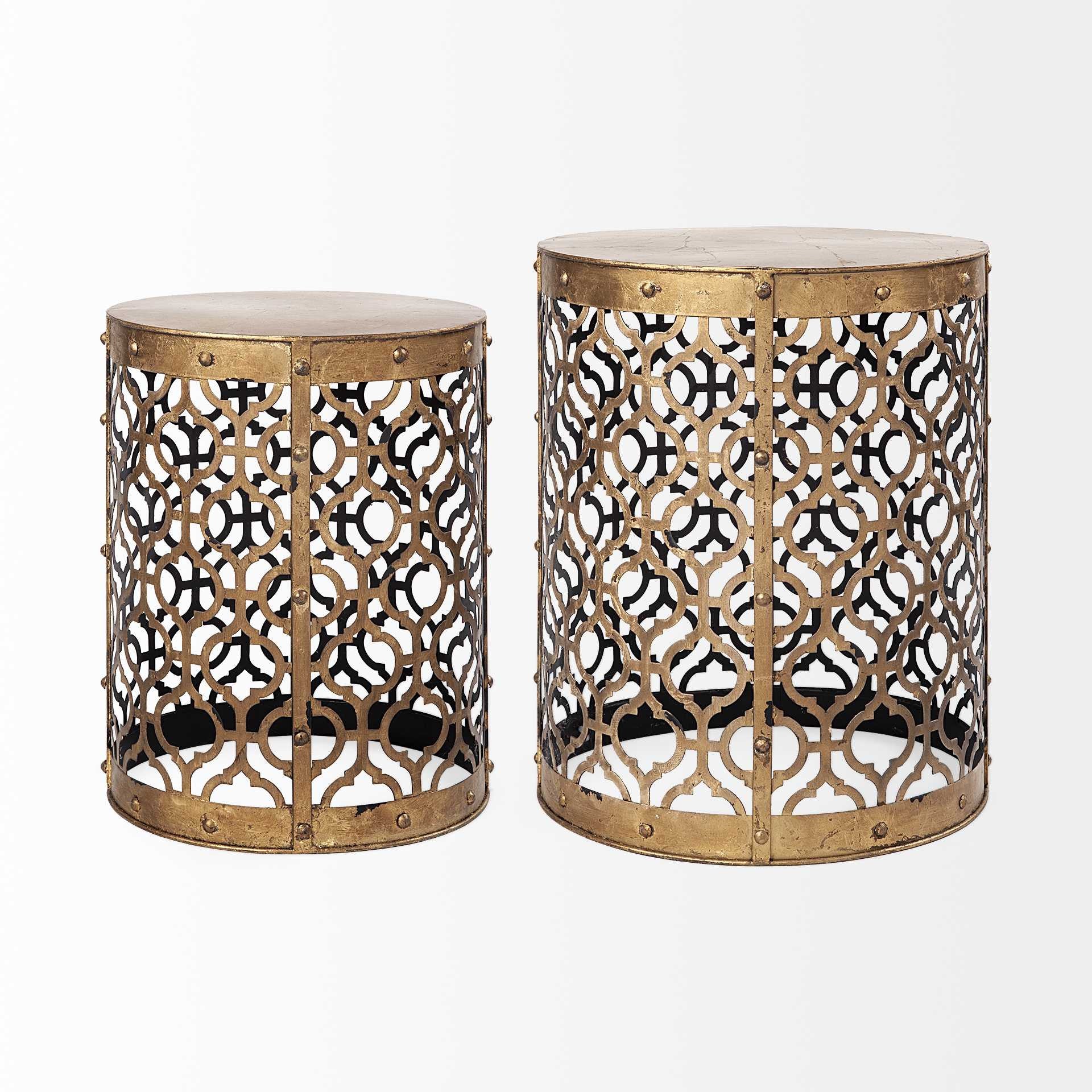 Set Of 2 Cylindrical Gold Metal Accent Tables