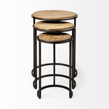 Set Of 3 Brown Wood Round Top Accent Tables With Iron Nesting