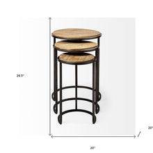 Set Of 3 Brown Wood Round Top Accent Tables With Iron Nesting