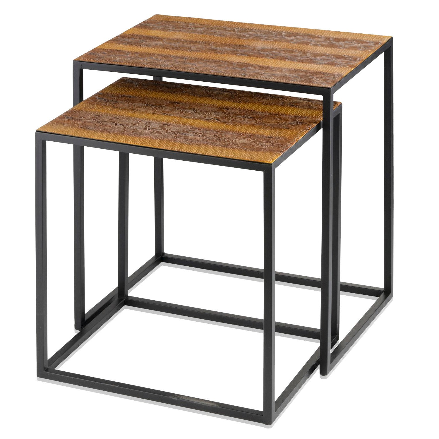 Set Of 2 Rectangular Black Powder Coated Frame And Rattlesnake Faux Leather Top Nesting End Tables