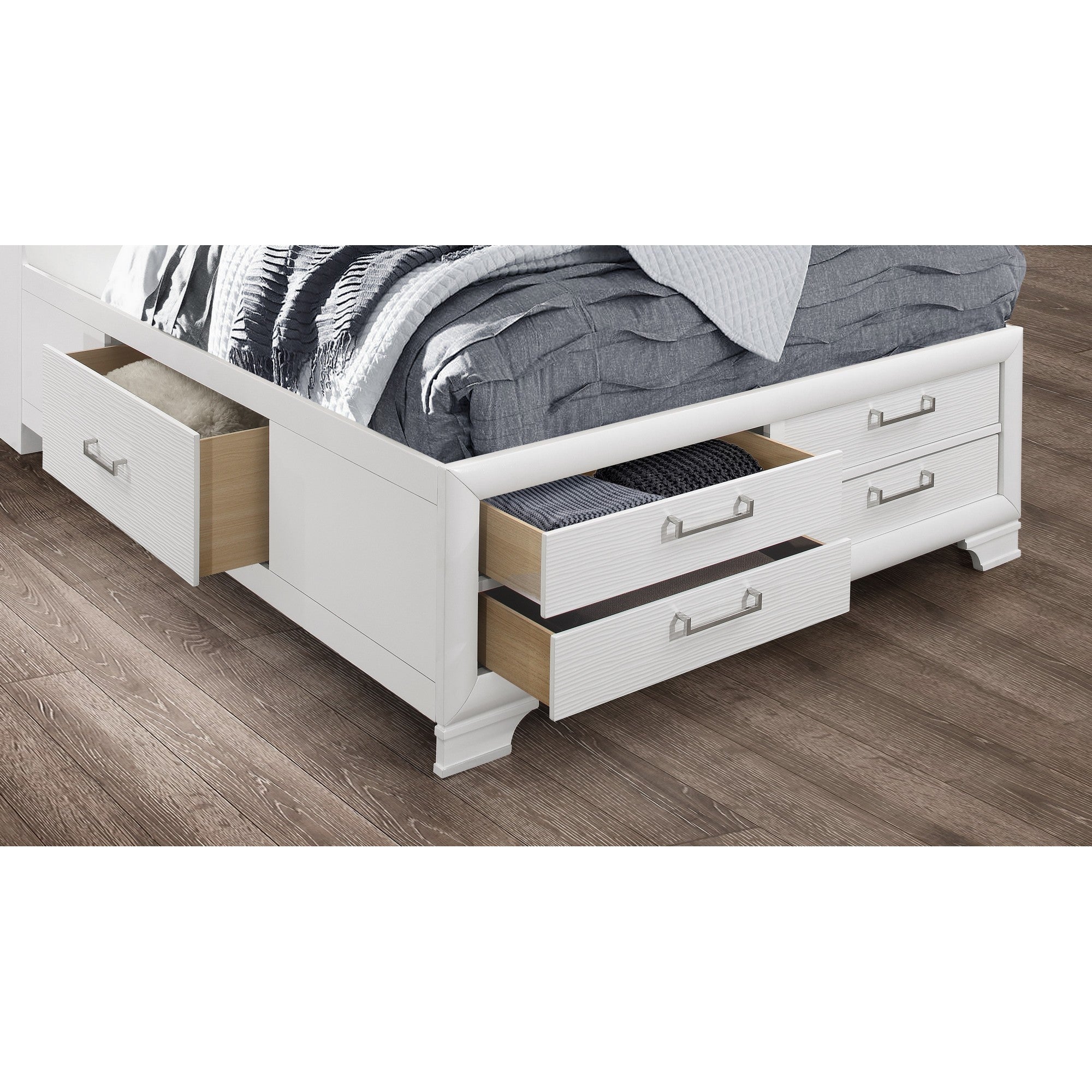 White Rubberwood King Bed With Bookshelves Headboard  Led Lightning 6 Drawers