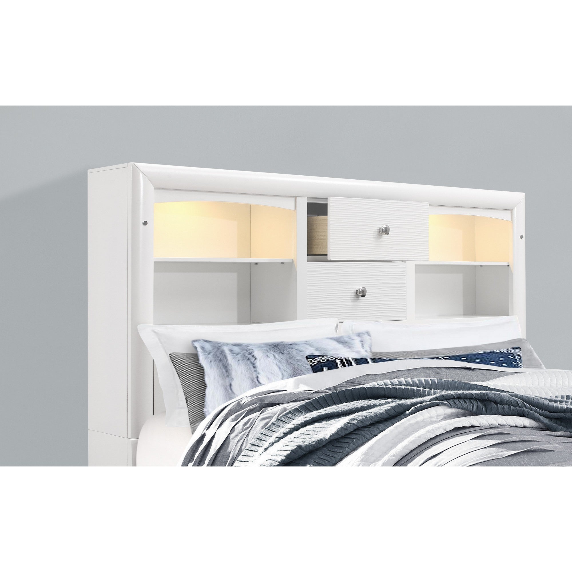White Rubberwood King Bed With Bookshelves Headboard  Led Lightning 6 Drawers
