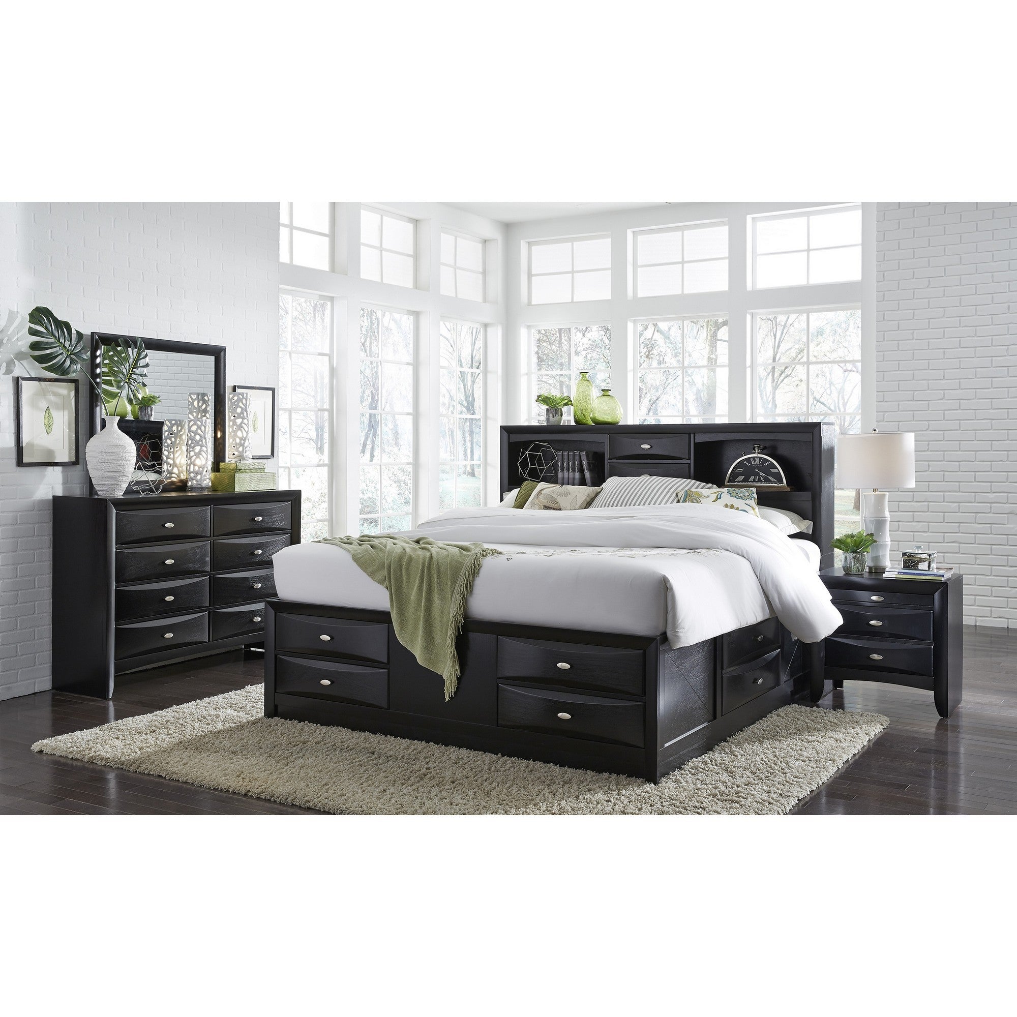 Black Veneer Full Bed With Bookcase Headboard  10 Drawers