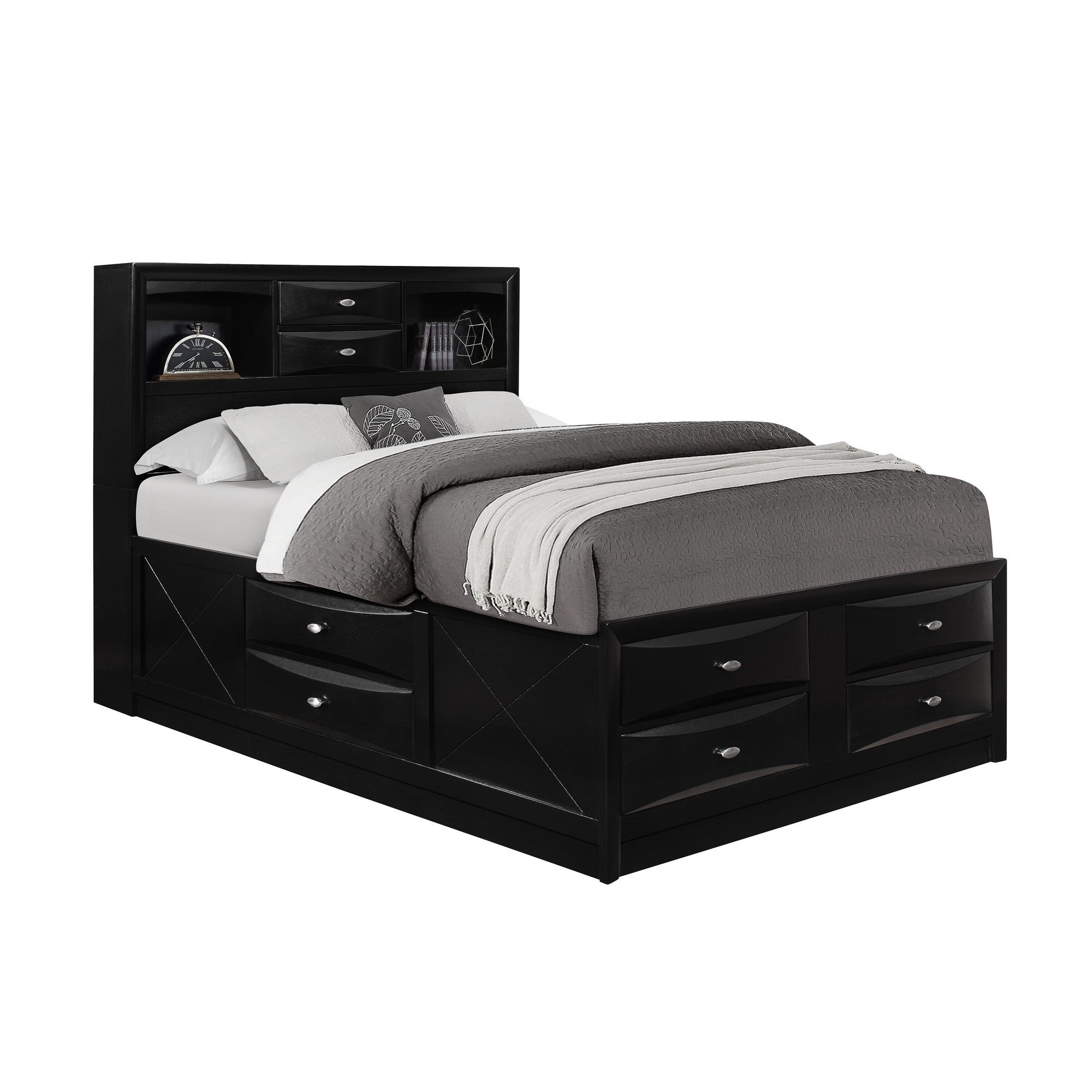 Solid Wood King Black Upholstered Linen 8 Drawer Bed