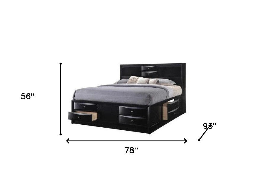 Solid Wood King Black Upholstered Linen 8 Drawer Bed