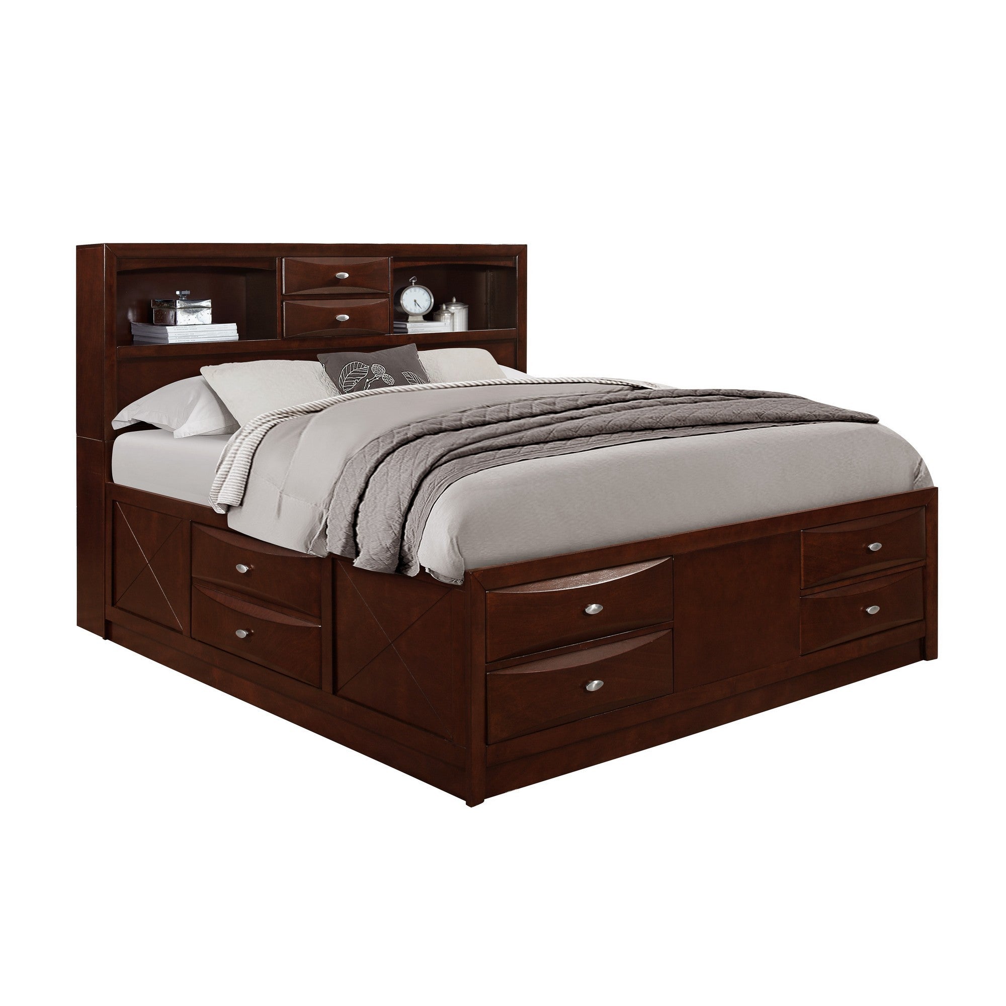 New Merlot Veneer Queen Bed With Bookcase Headboard  10 Drawers