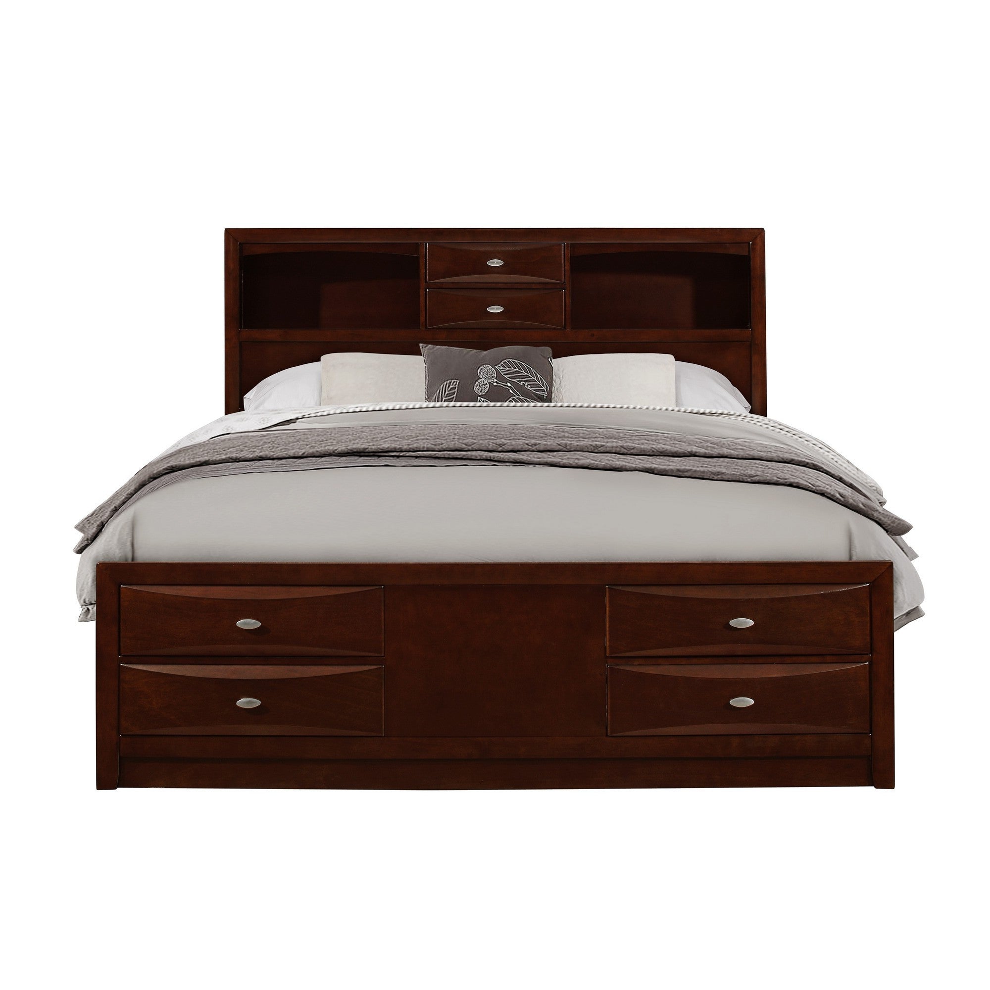 New Merlot Veneer Queen Bed With Bookcase Headboard  10 Drawers