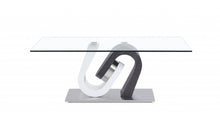 Mesa de centro ultramoderna de dos tonos en blanco y gris oscuro con tapa de cristal