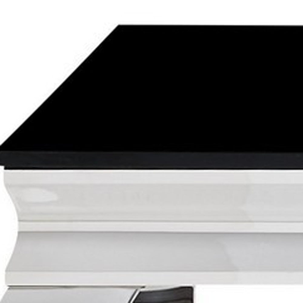 Silver Tone Black Glass Top Cocktail Table