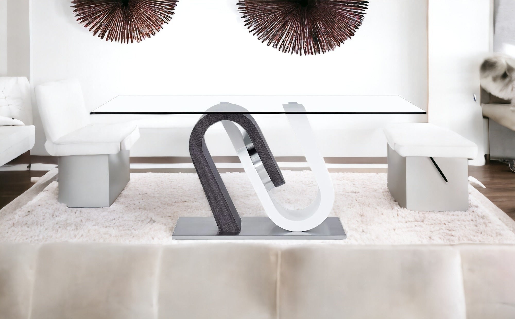 White And Grey Tone Geometrical Base With Rectangular Glass Top Dining Table