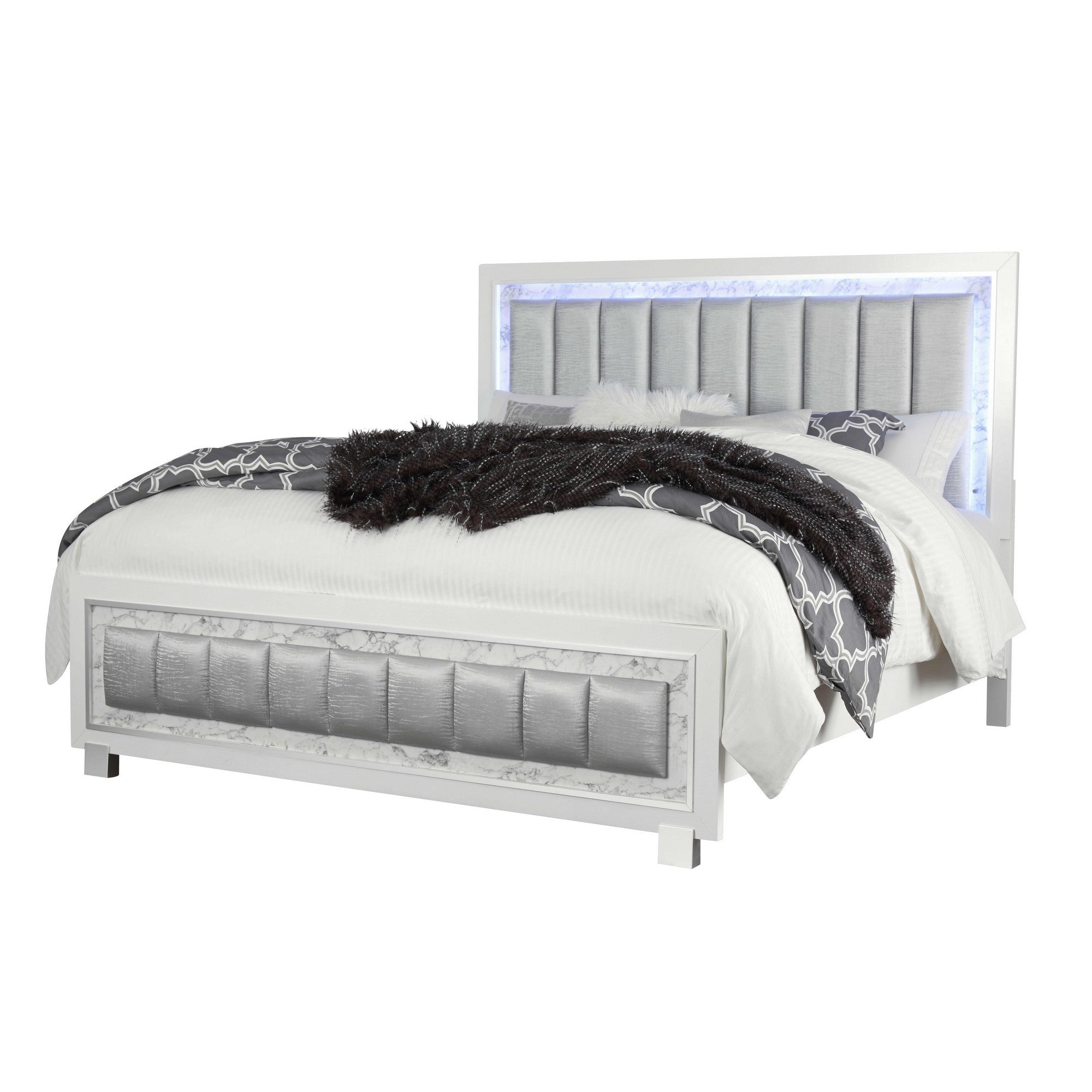 Lujosa cama completa blanca moderna con cabecera acolchada Led Lightning