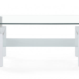 White Glossy Leg Coffee Table With Rectangular Clear Glass Top