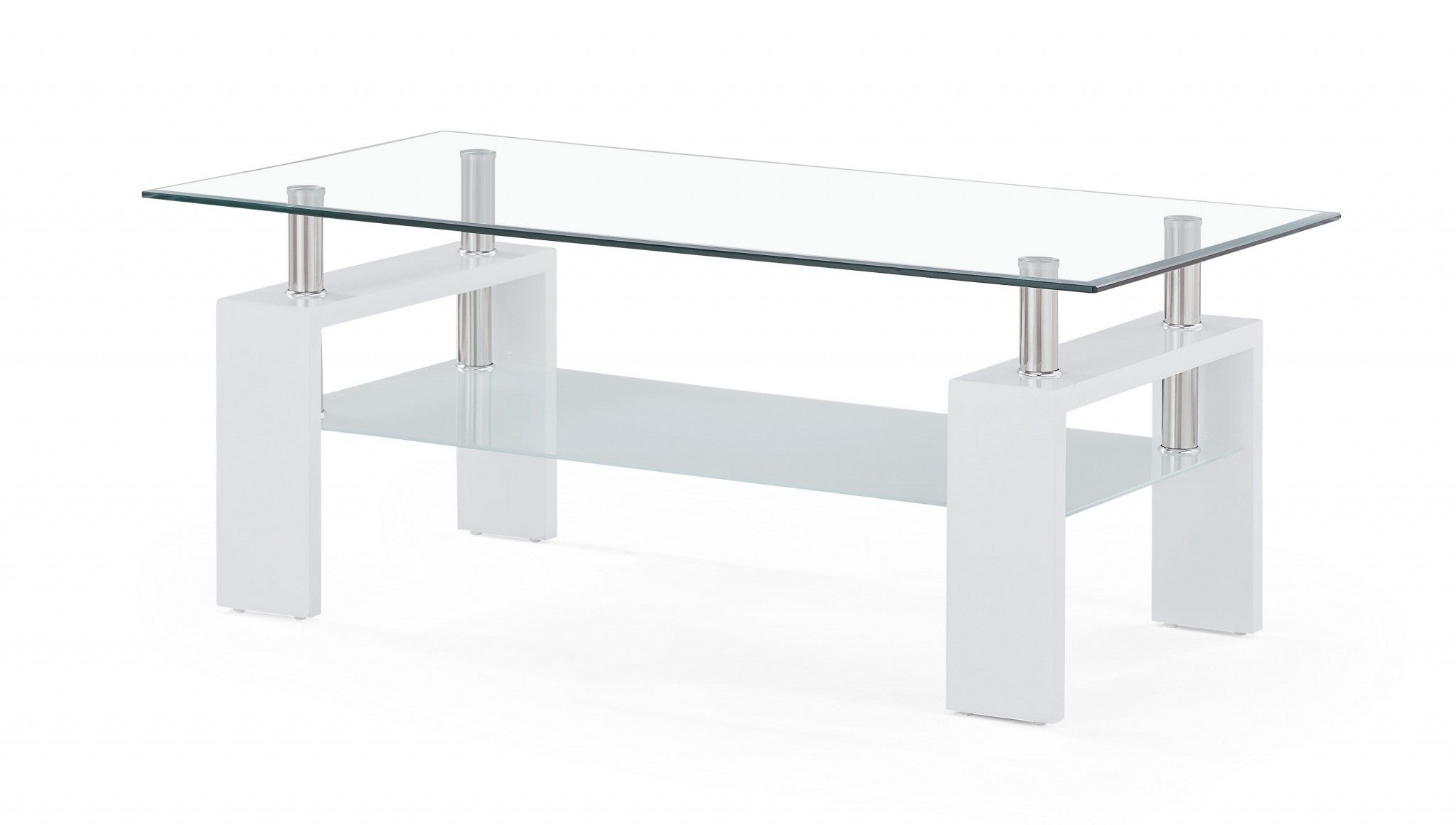 White Glossy Leg Coffee Table With Rectangular Clear Glass Top