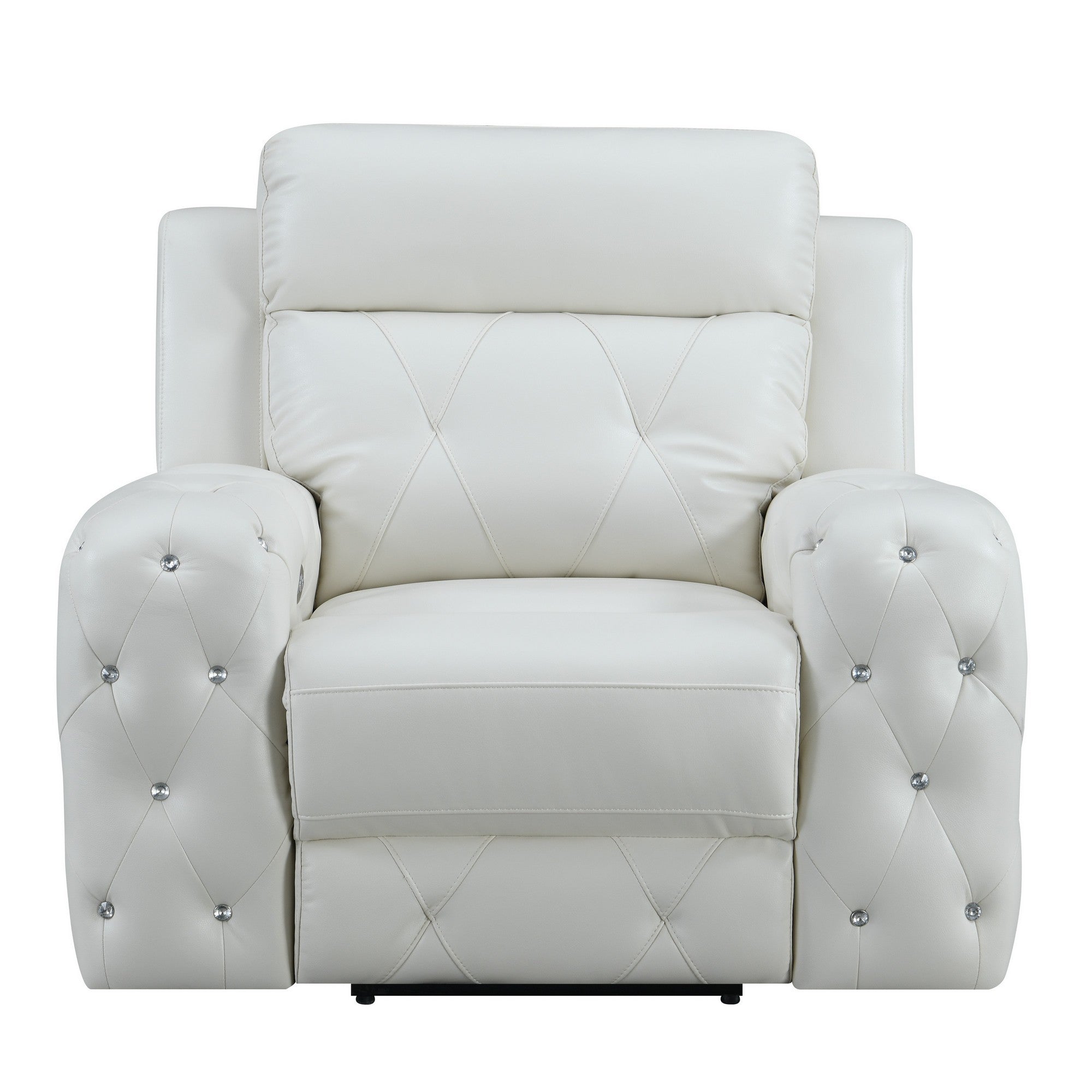 Sillón reclinable eléctrico con cubierta de gel de cuero blanco en asientos acolchados de lujo Diseño de capitoné adornado con joyas junto con brazo empotrado