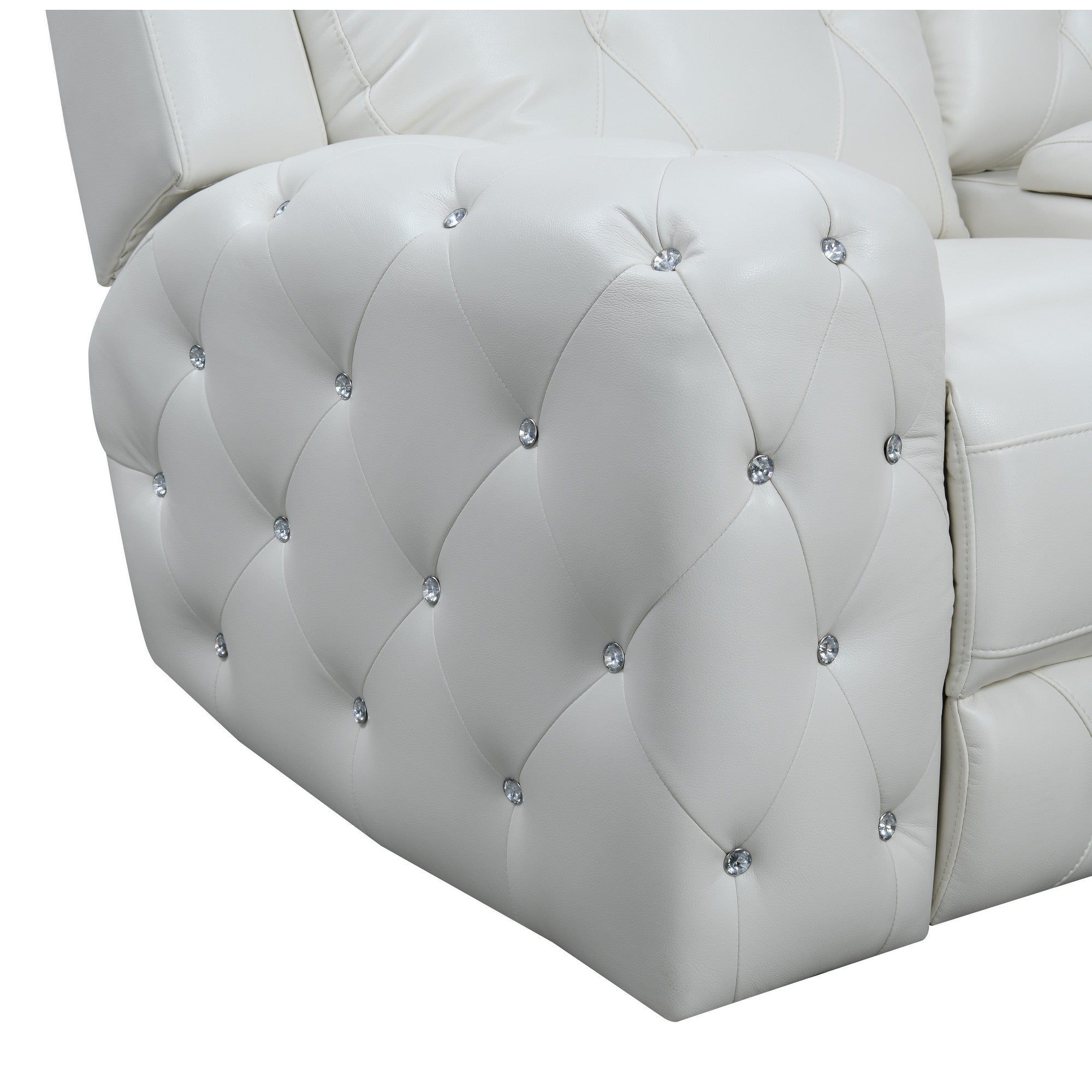 Sillón reclinable eléctrico con cubierta de gel de cuero blanco en asientos acolchados de lujo Diseño de capitoné adornado con joyas junto con brazo empotrado