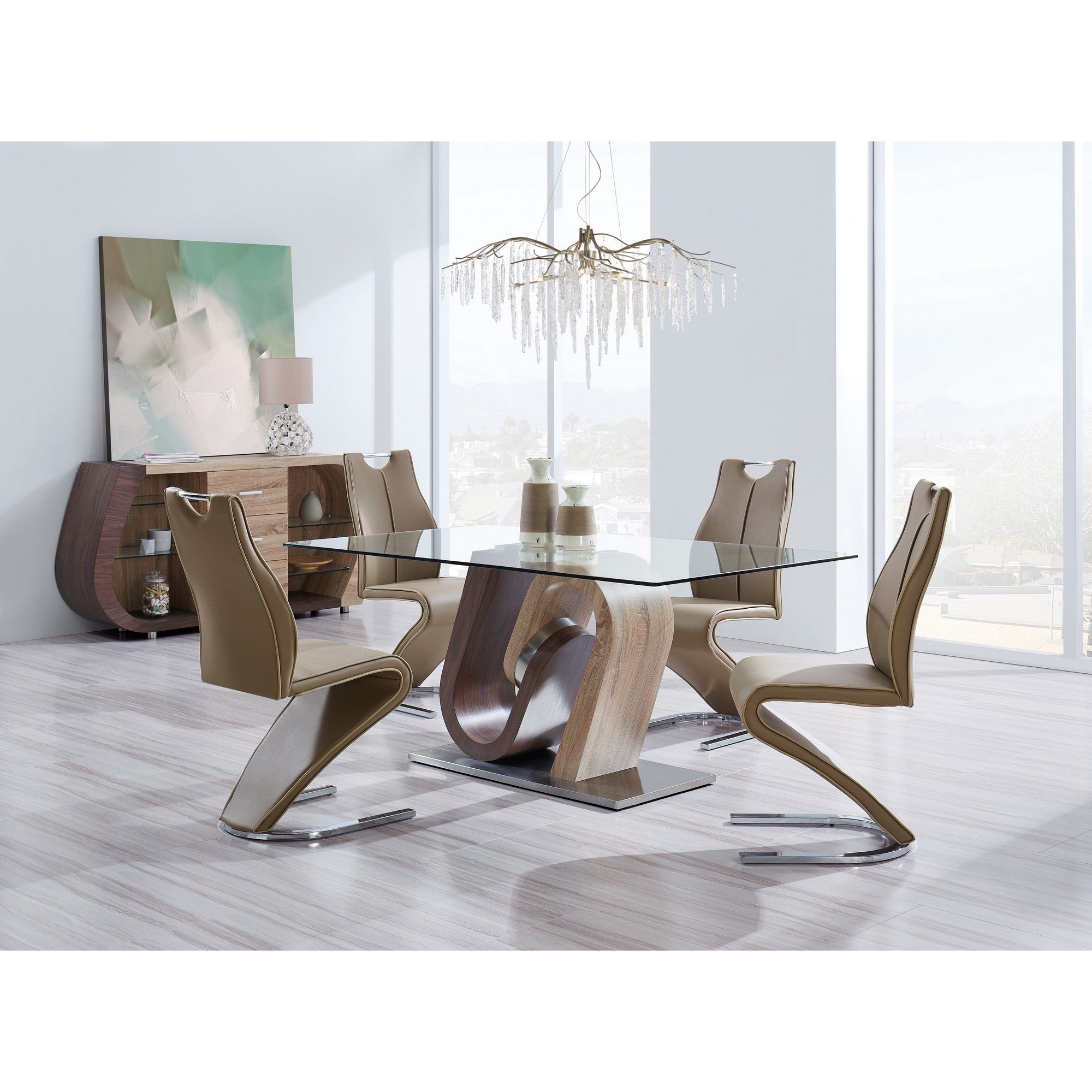 Set Of 2 Cappucino And Light Cappucino Z Style Design Dining Chairs With Metalic Base And Seat Back Handle