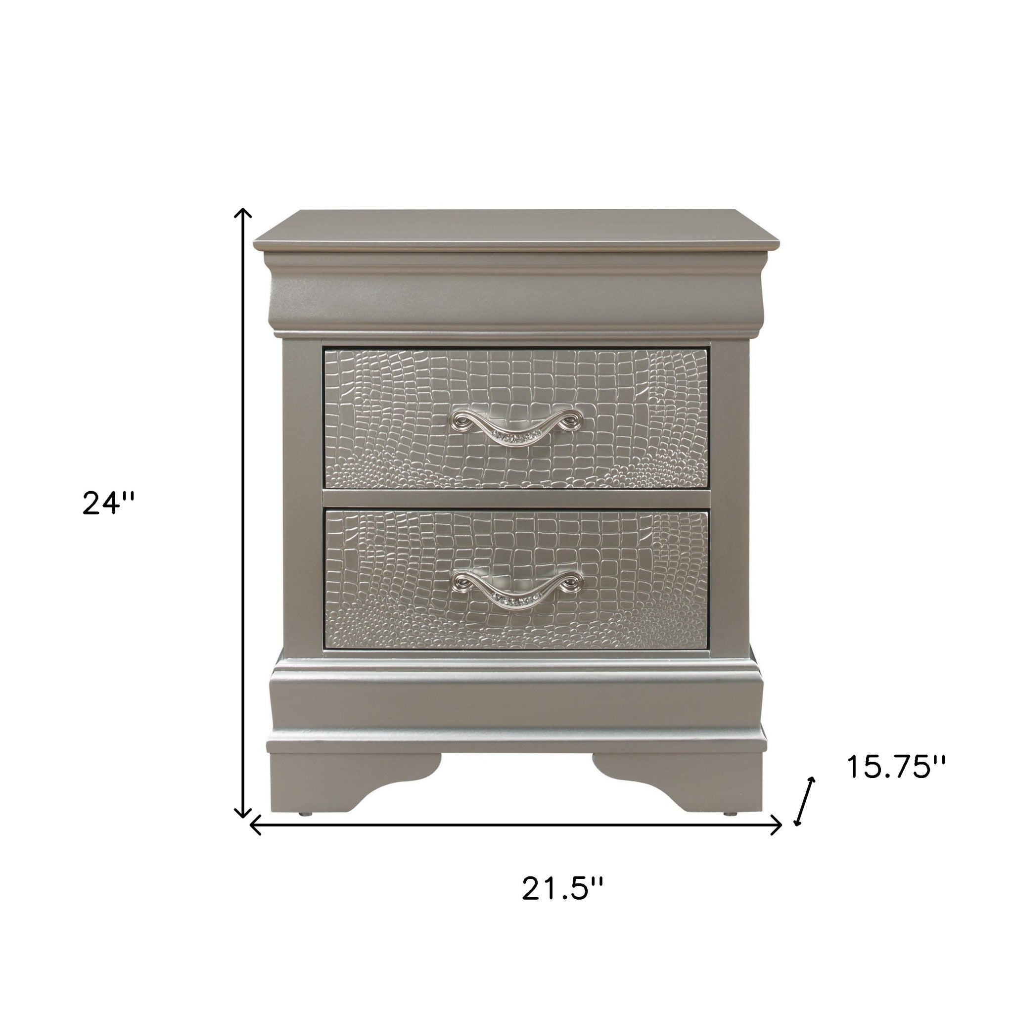 24" Silver Two Drawers Solid Wood Nightstand