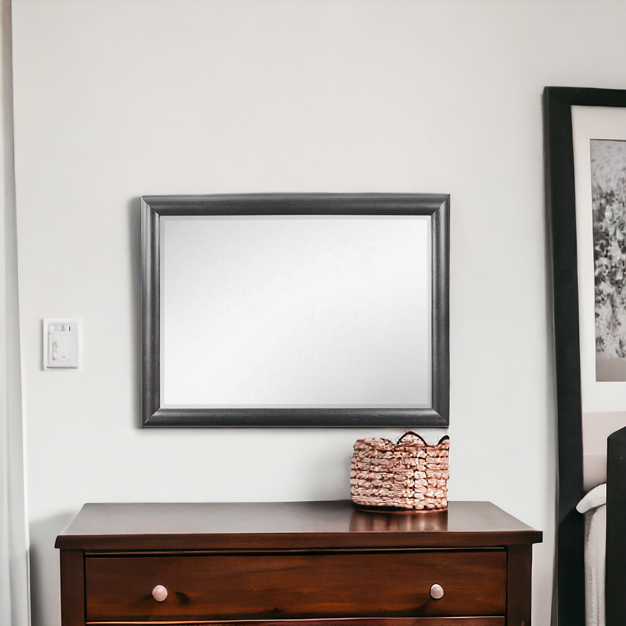 Grey Mirror With Rectangular Wood Trim