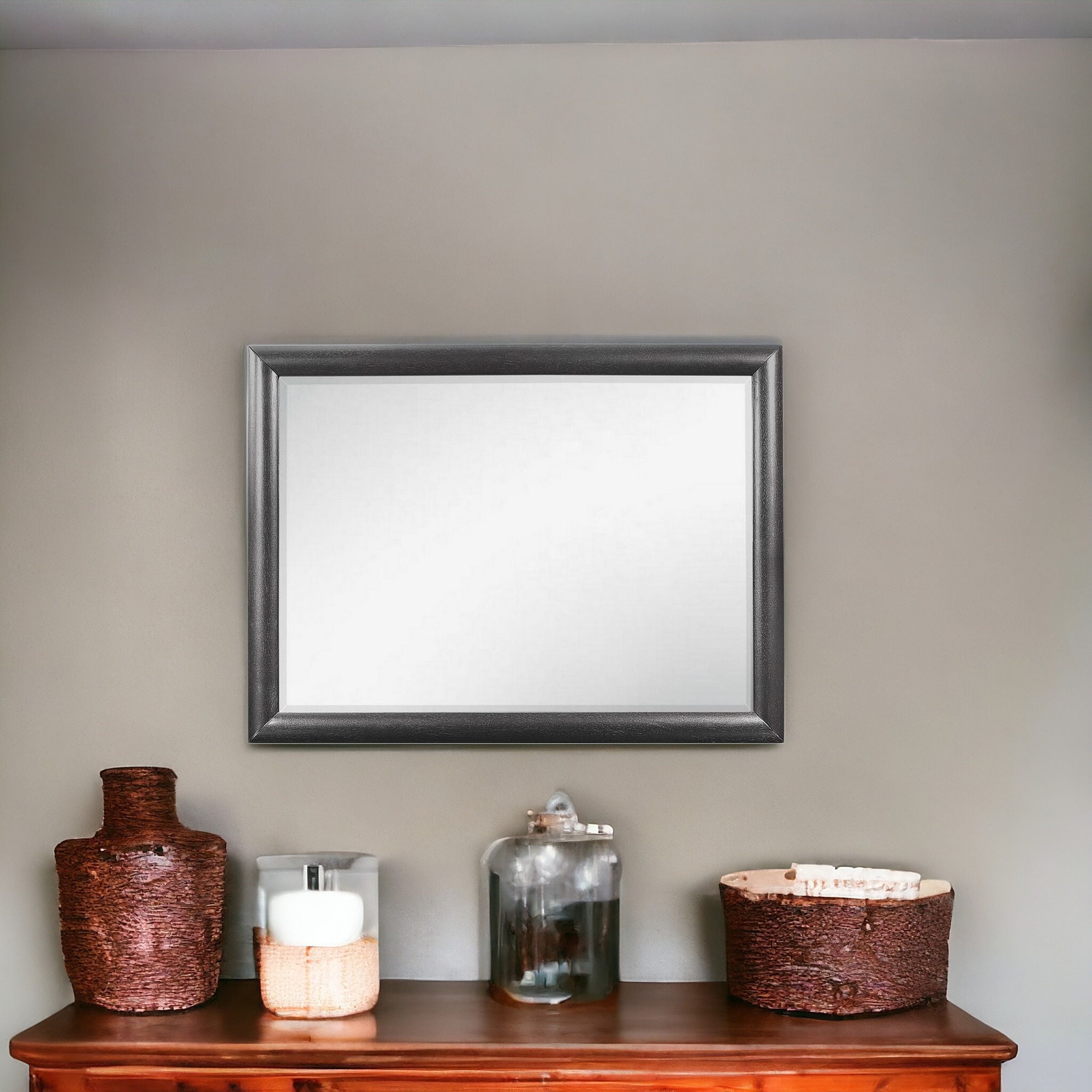 Grey Mirror With Rectangular Wood Trim
