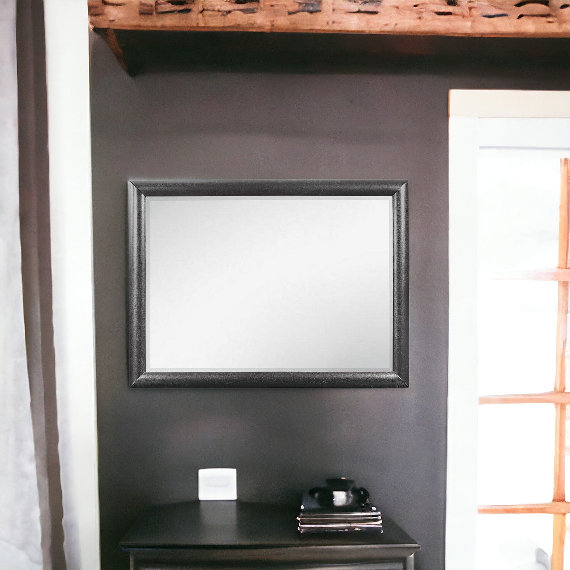 Grey Mirror With Rectangular Wood Trim