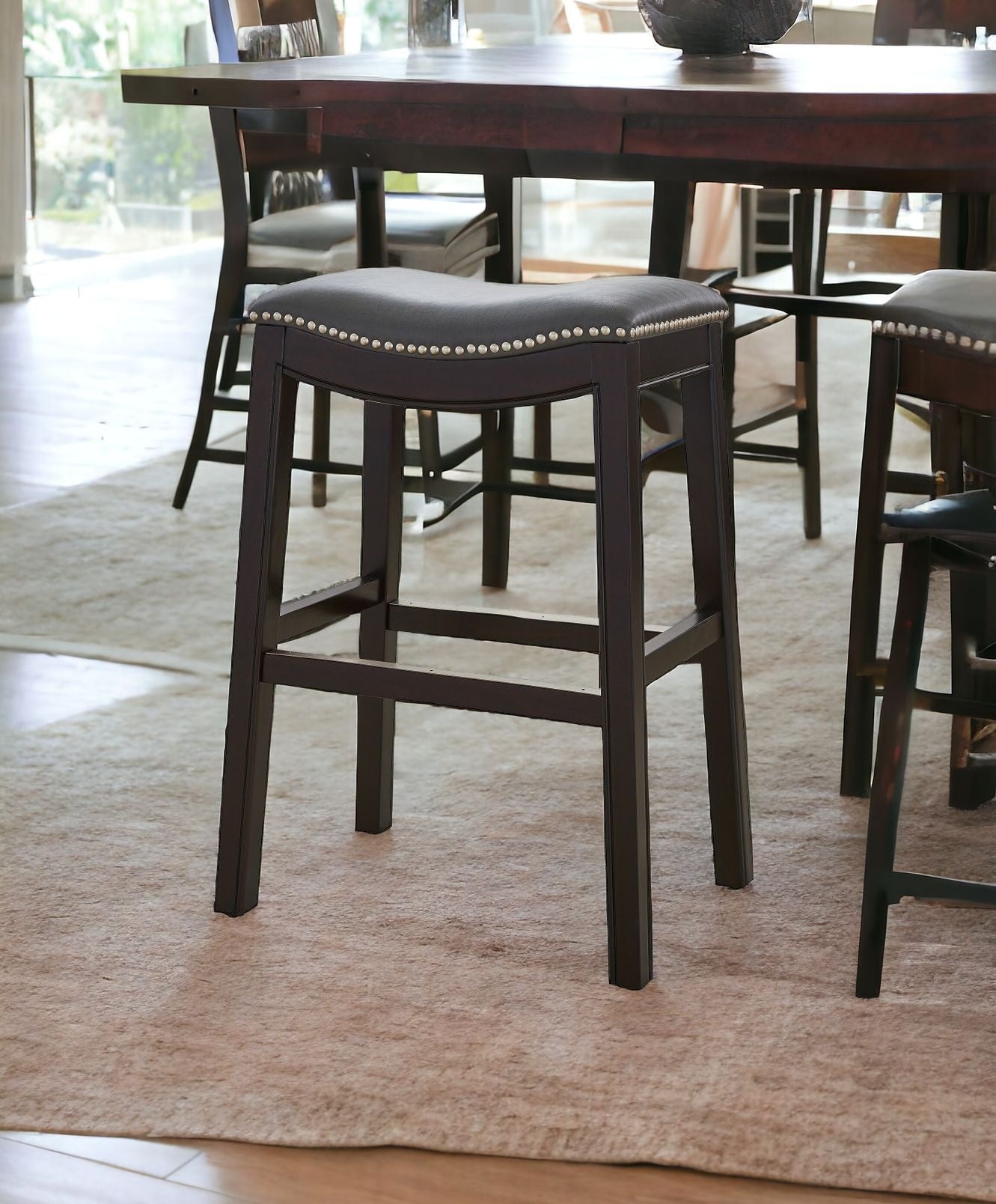 25" Espresso And Gray Saddle Style Counter Height Bar Stool