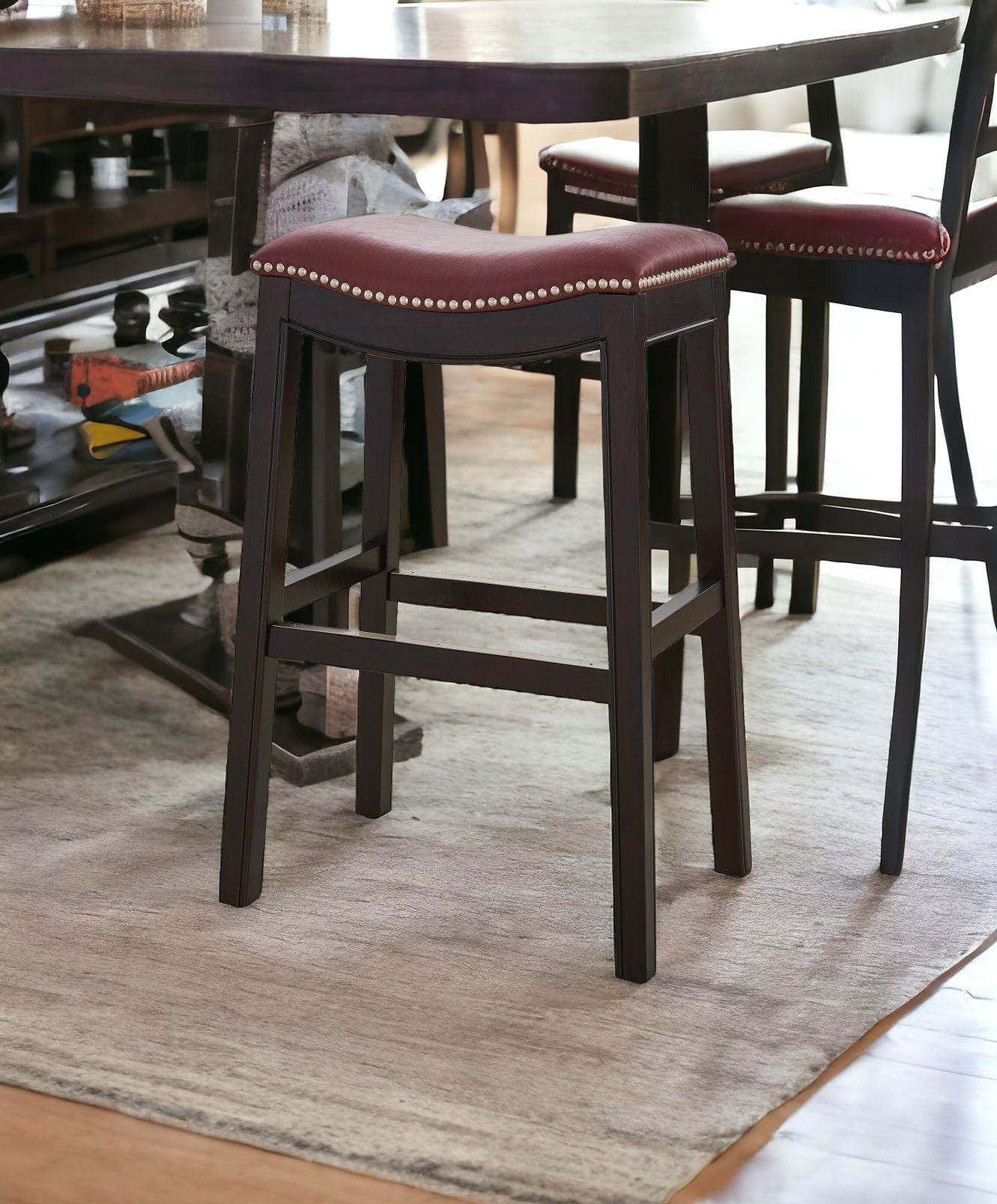 30" Espresso And Red Saddle Style Counter Height Bar Stool