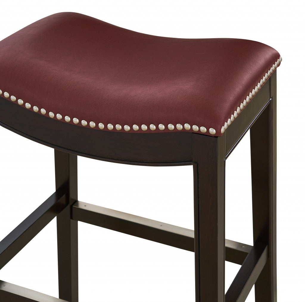 30" Espresso And Red Saddle Style Counter Height Bar Stool