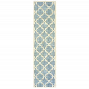 8' Tropical Light Blue And Ivory Quatrafoil Indoor Outdoor Runner Rug