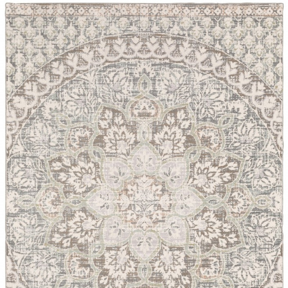 7' Ivory Grey Distressed Oversize Medallion Indoor Runner Rug