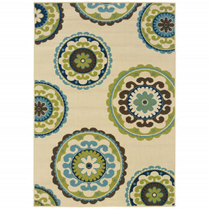 8' Ivory Indigo And Lime Medallion Disc Indoor Outdoor Runner Rug