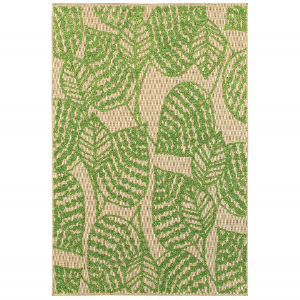 8' Sand And Lime Green Leaves Indoor Outdoor Runner Rug