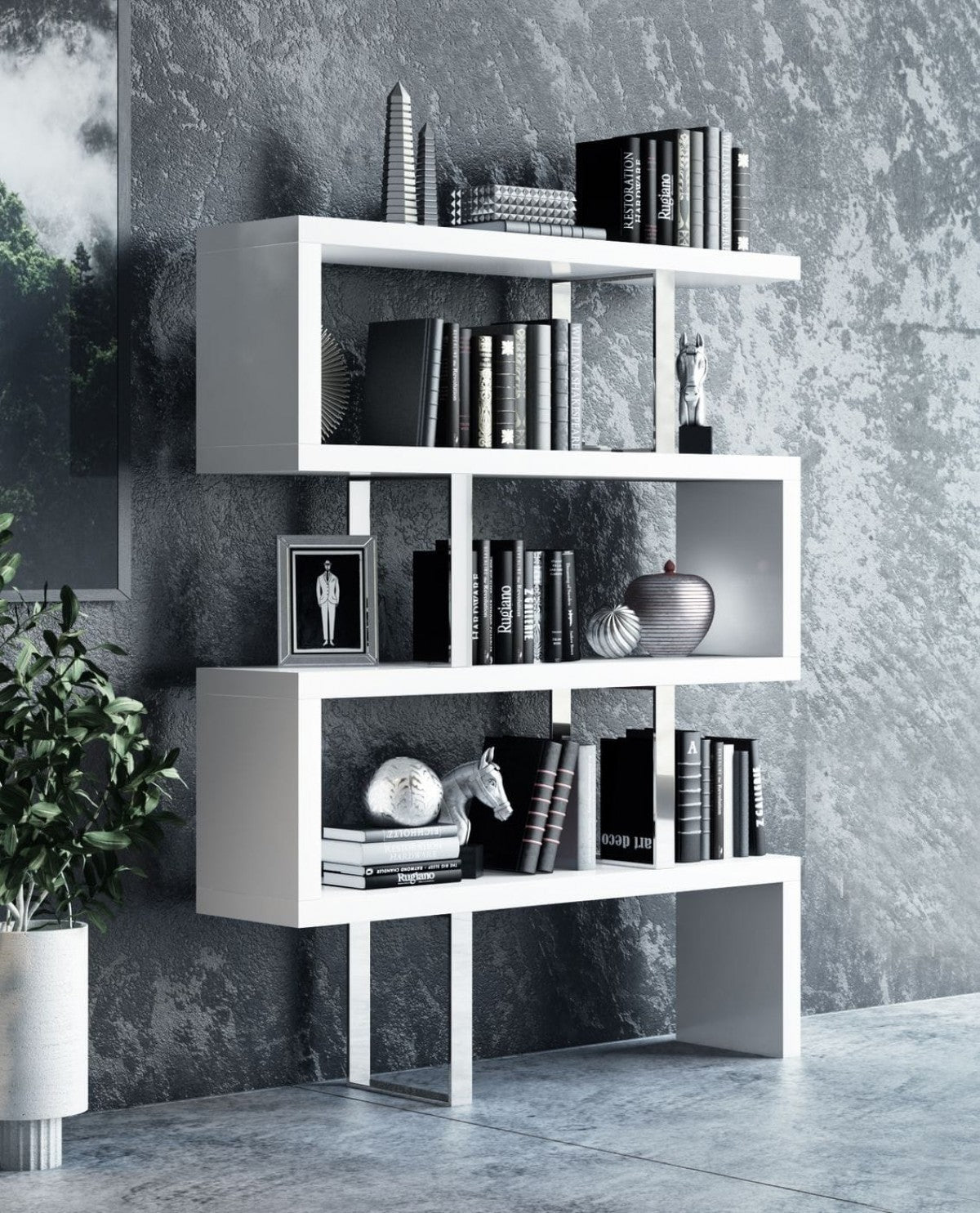 159" White Stainless Steel Four Tier Geometric Bookcase