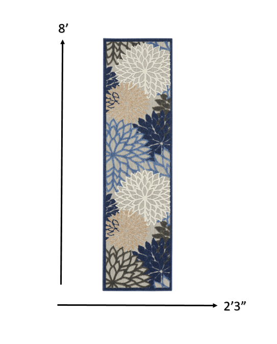 2' X 6' Blue And Gray Floral Indoor Outdoor Area Rug