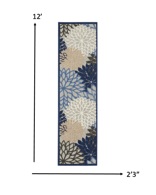 2' X 6' Blue And Gray Floral Indoor Outdoor Area Rug