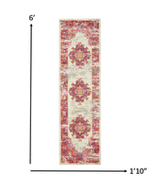 2’ X 6' Ivory And Fuchsia Distressed Runner Rug