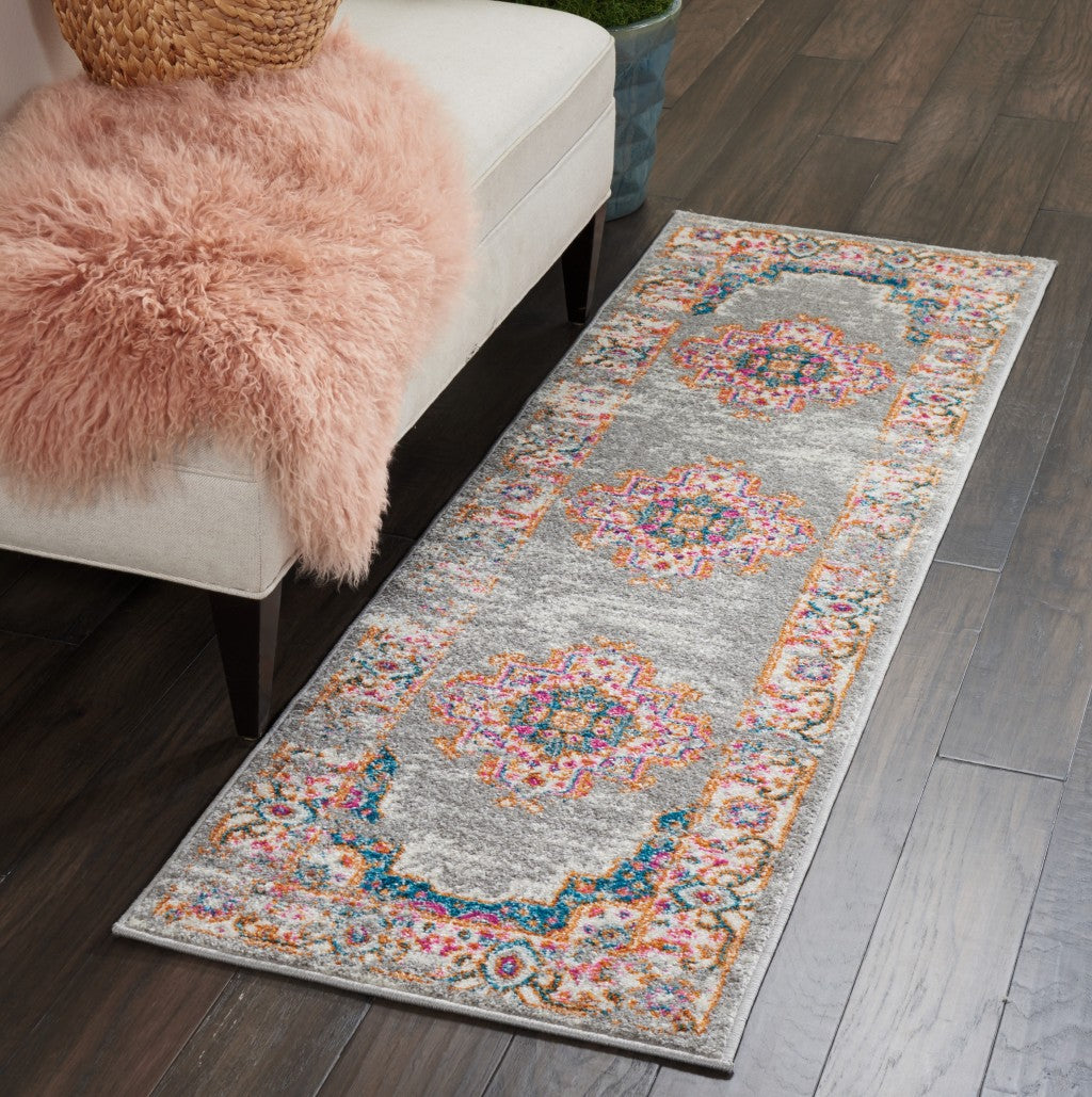 2’ X 10’ Gray And Gold Medallion Runner Rug