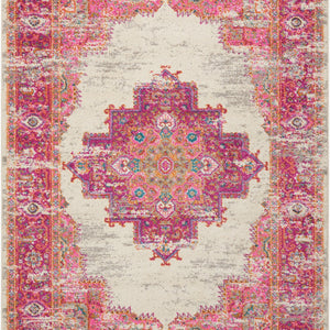 2’ X 6' Ivory And Fuchsia Distressed Runner Rug