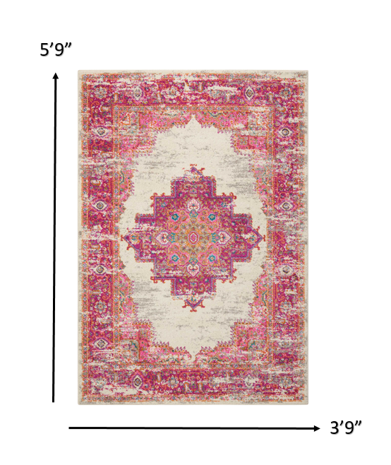 2’ X 6' Ivory And Fuchsia Distressed Runner Rug
