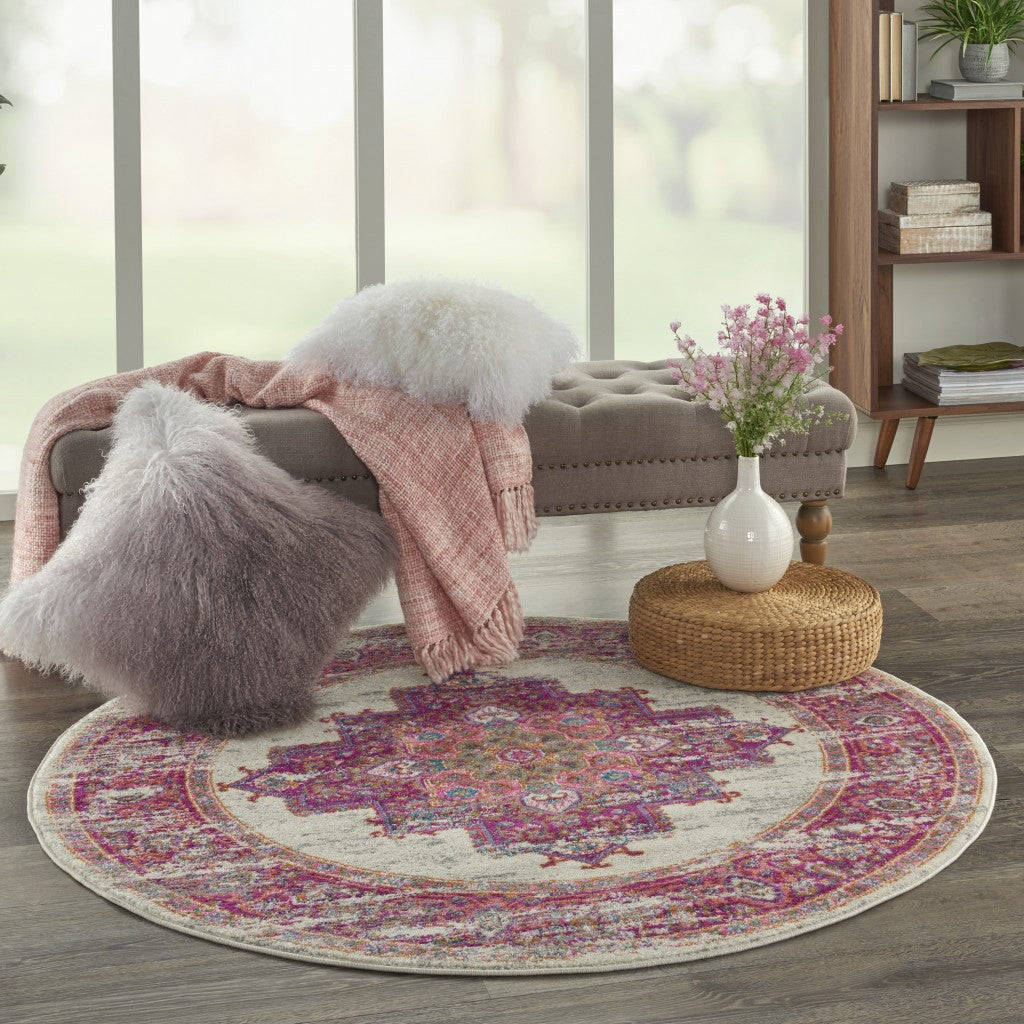 2’ X 6' Ivory And Fuchsia Distressed Runner Rug