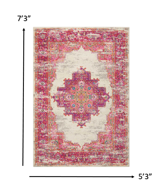 2’ X 6' Ivory And Fuchsia Distressed Runner Rug