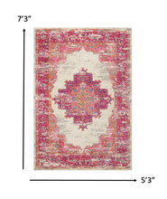 2’ X 6' Ivory And Fuchsia Distressed Runner Rug