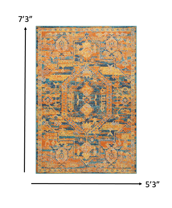 4’ X 6’ Gold And Blue Antique Area Rug