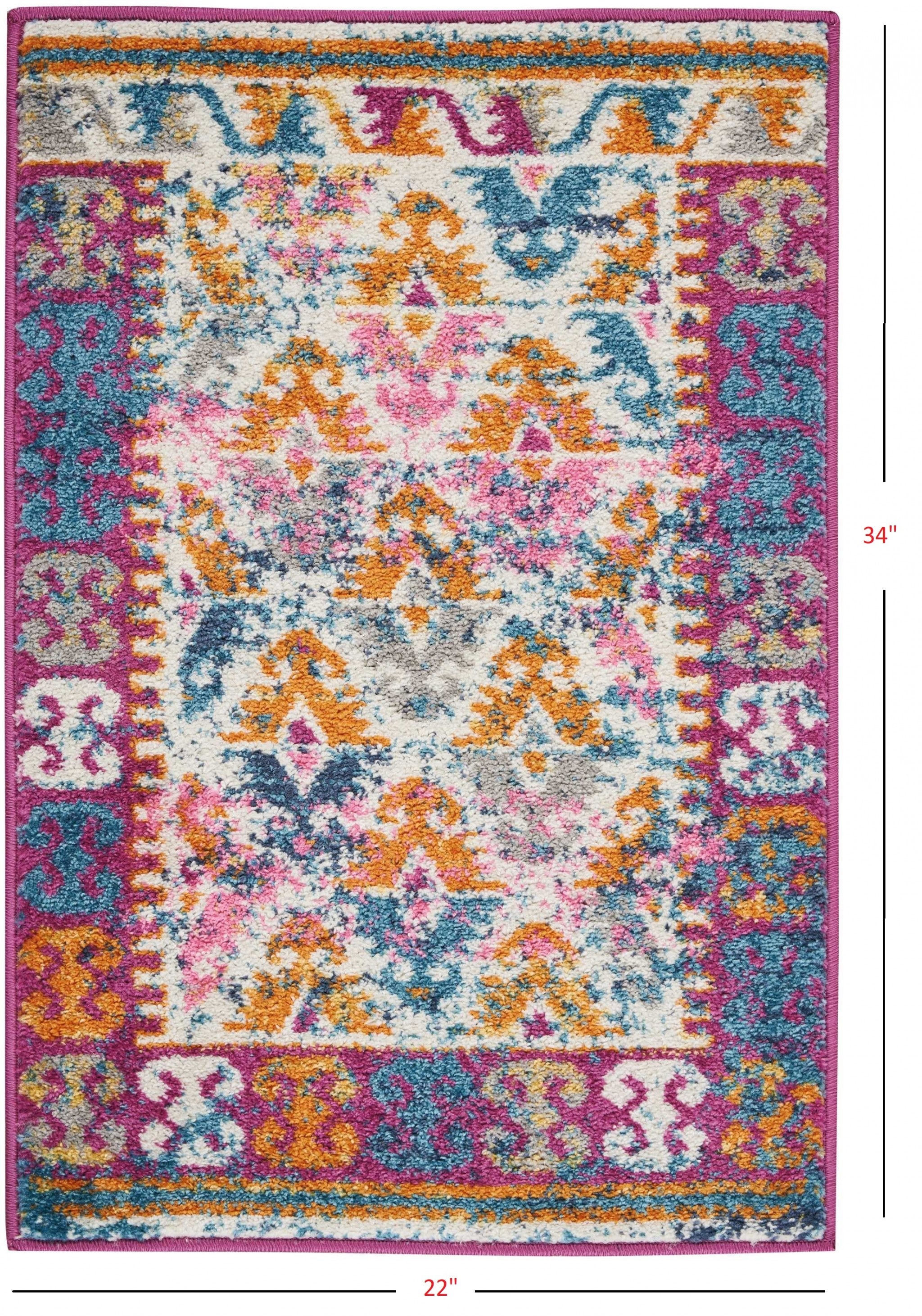 2’ X 6’ Ivory And Magenta Tribal Pattern Runner Rug