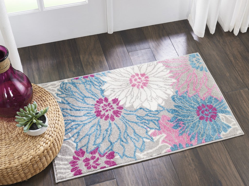 2’ X 6’ Gray And Pink Tropical Flower Runner Rug