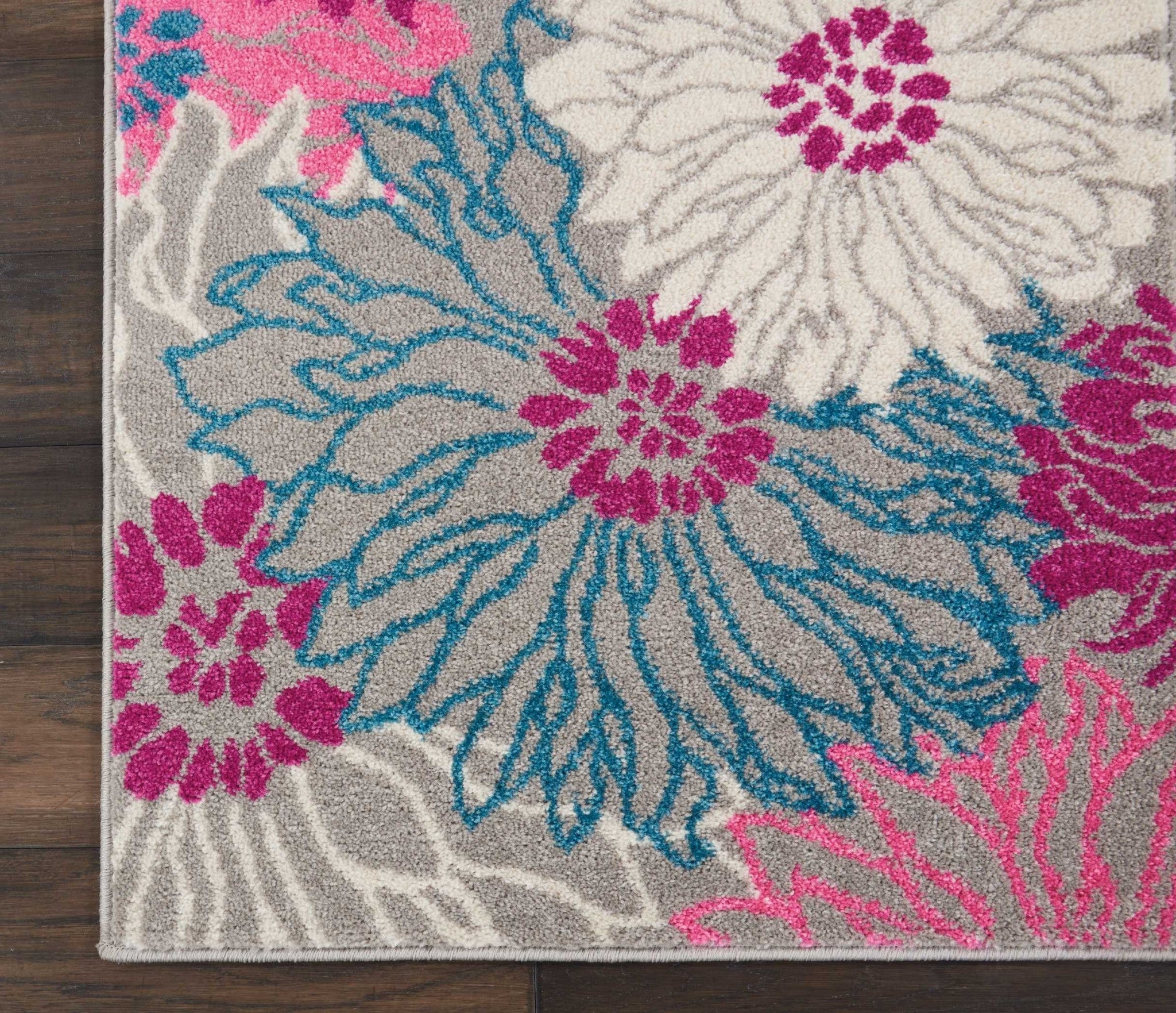 2’ X 6’ Gray And Pink Tropical Flower Runner Rug